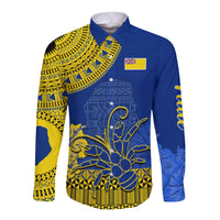 Niue Hiapo Long Sleeve Button Shirt Rock of Polynesia Tapa Niuean Crab Happy Day LT13 Unisex Blue - Polynesian Pride