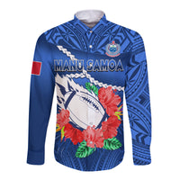 (Custom Text And Number) Samoa Rugby Long Sleeve Button Shirt Manu Samoa Polynesian Hibiscus Blue Style LT14 - Polynesian Pride