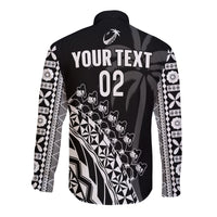 (Custom Text And Number) Fiji Rugby Long Sleeve Button Shirt Fijian Cibi Dance Tapa Pattern Black LT14 - Polynesian Pride