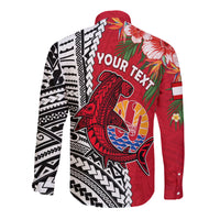 (Custom Personalised) Tahiti Islands Long Sleeve Button Shirt Polynesian Shark Mix Tropical Flowers LT14 - Polynesian Pride