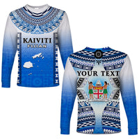 Custom Text And Number Fiji Long Sleeve Shirt Kaiviti Fijian Special Tapa Pattern LT14 Unisex Blue - Polynesian Pride