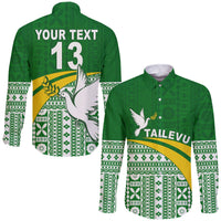 (Custom Text and Number) Tailevu Rugby Hawaii Long Sleeve Button Shirt Fiji Rugby Tapa Pattern Green LT13 Unisex Green - Polynesian Pride