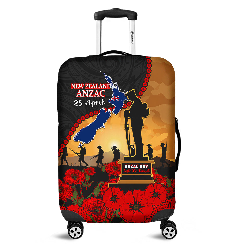 New Zealand Anzac Luggage Cover Maori Camouflage Mix Poppies We Will Remember Them Ver.02 LT14 Black - Polynesian Pride