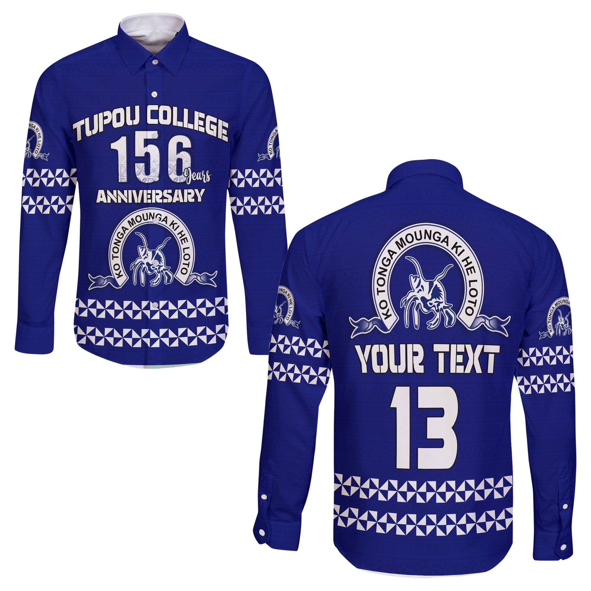 (Custom Text and Number) Tonga Tupou College Toloa Hawaii Long Sleeve Button Shirt 156 Years Anniversary Tongan Ngatu LT13 Unisex Blue - Polynesian Pride