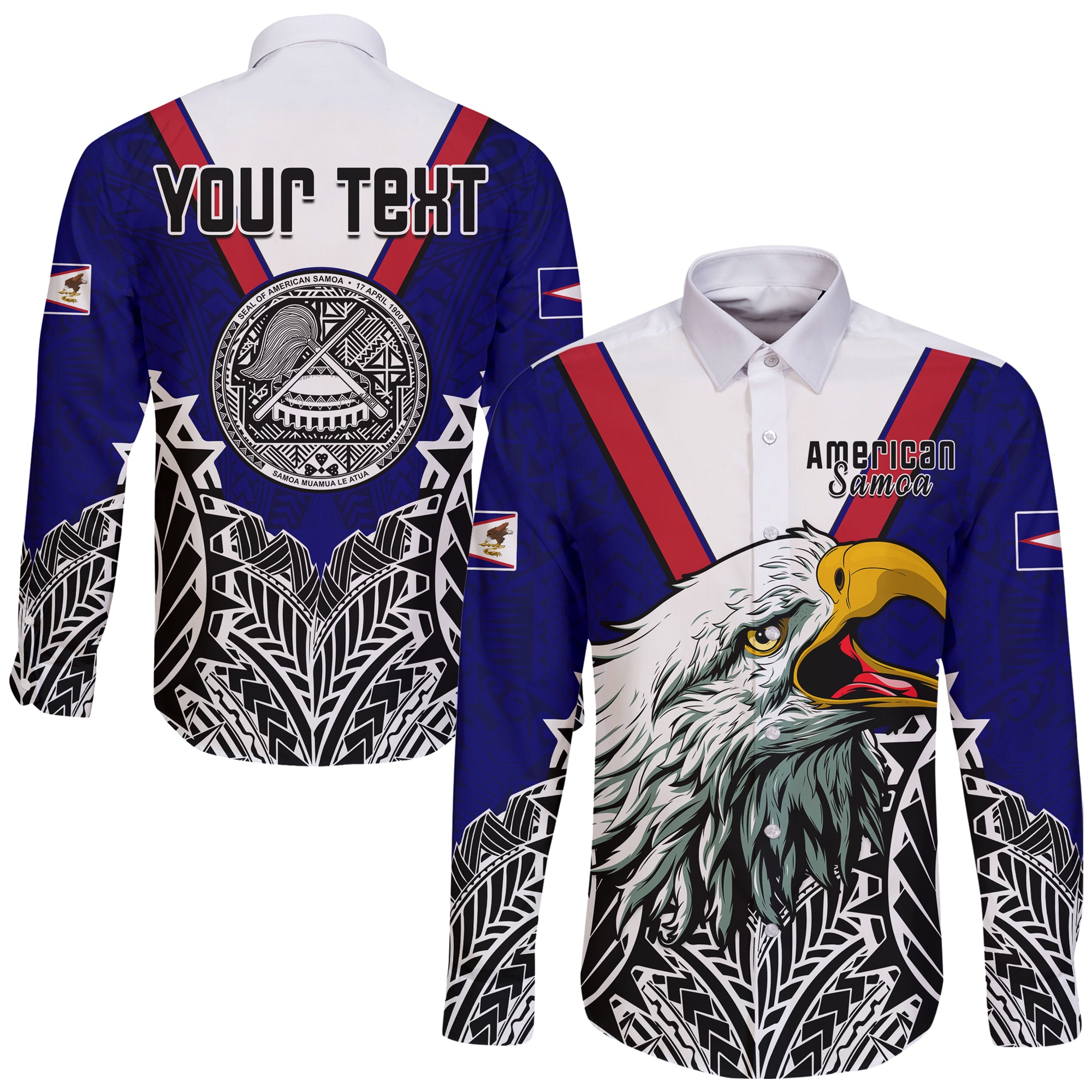 (Custom Personalised) American Samoa Hawaii Long Sleeve Button Shirt Bald Eagle Mix Polynesian LT13 Unisex Blue - Polynesian Pride