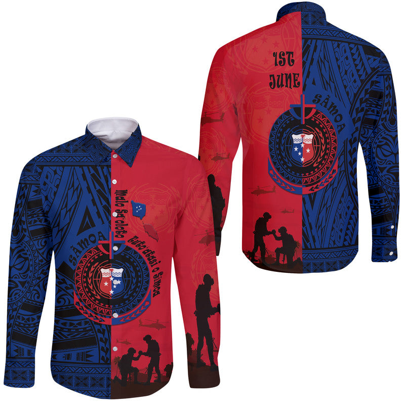 Samoa Independence Day Hawaii Long Sleeve Button Shirt Military Polynesian Pattern LT9 Unisex Blue - Red - Polynesian Pride