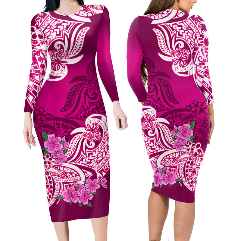 Polynesian Floral Tribal Long Sleeves Dress Pink LT9 Women Pink - Polynesian Pride