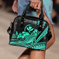 Hawaii Humpback Whale With Hibiscus Tribal Turquoise Shoulder Handbag - LT12 One Size Blue - Polynesian Pride