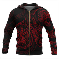 Tonga Polynesian All Over Zip up Hoodie Red Turtle Tribal Unisex Black - Red - Polynesian Pride