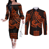Kakau Hawaiian Polynesian Couples Matching Outfits Long Sleeve Dress And Long Sleeve Button Shirt Orange LT6 Orange - Polynesian Pride