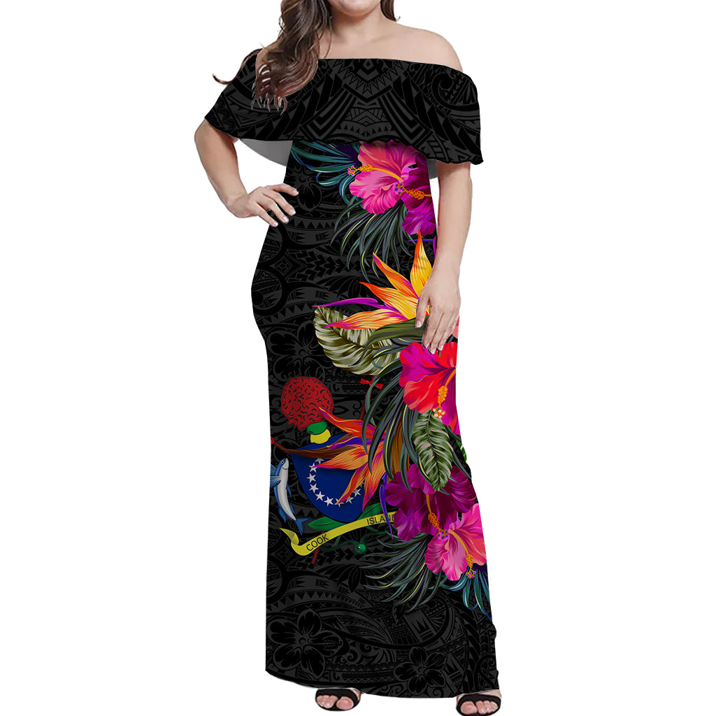 Cook Islands Hibiscus Polynesian Tribal Women Off Shoulder Long Dress - LT12 Long Dress Black - Polynesian Pride