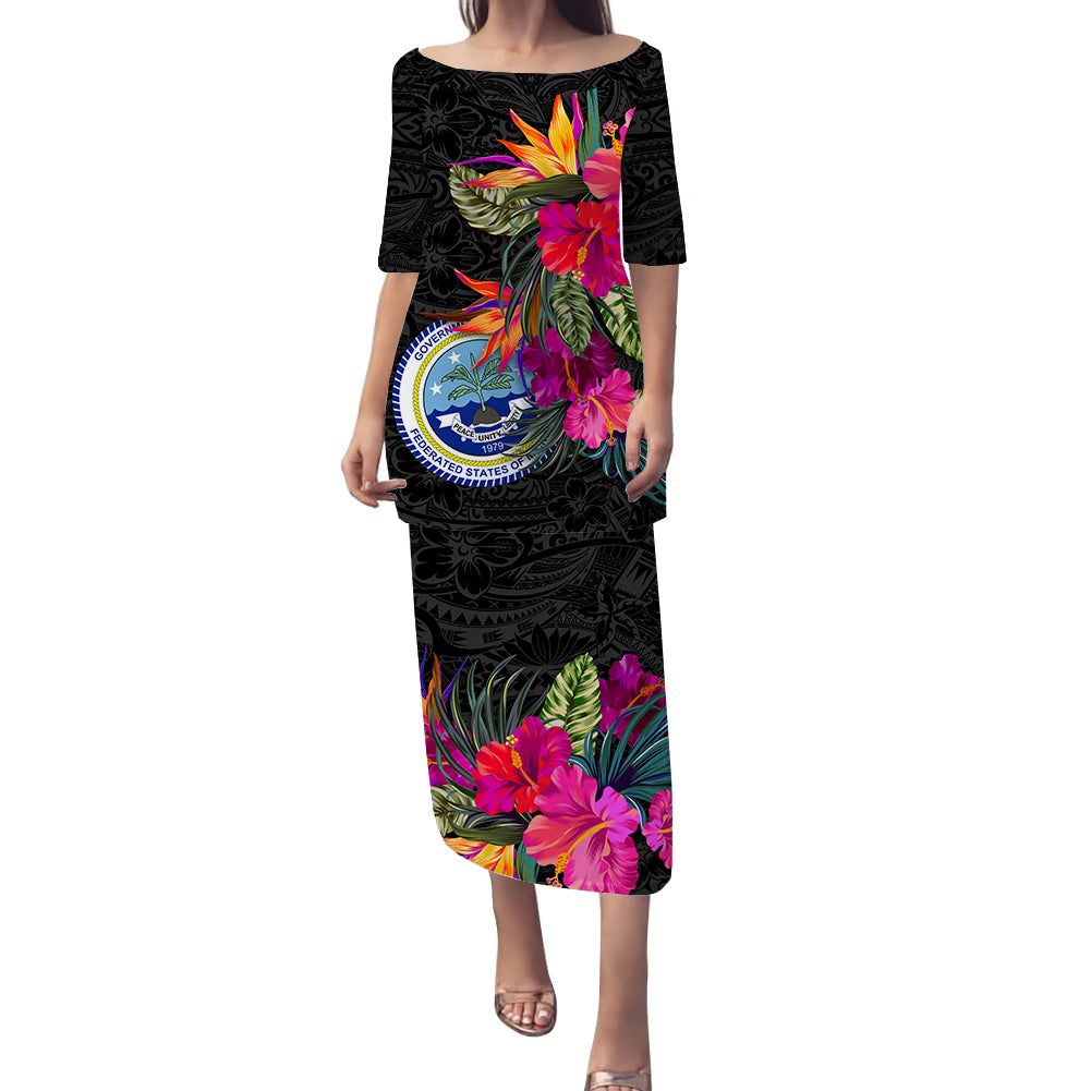 Federated States of Micronesia Hibiscus Polynesian Tribal Puletasi Dress - LT12 Long Dress Black - Polynesian Pride
