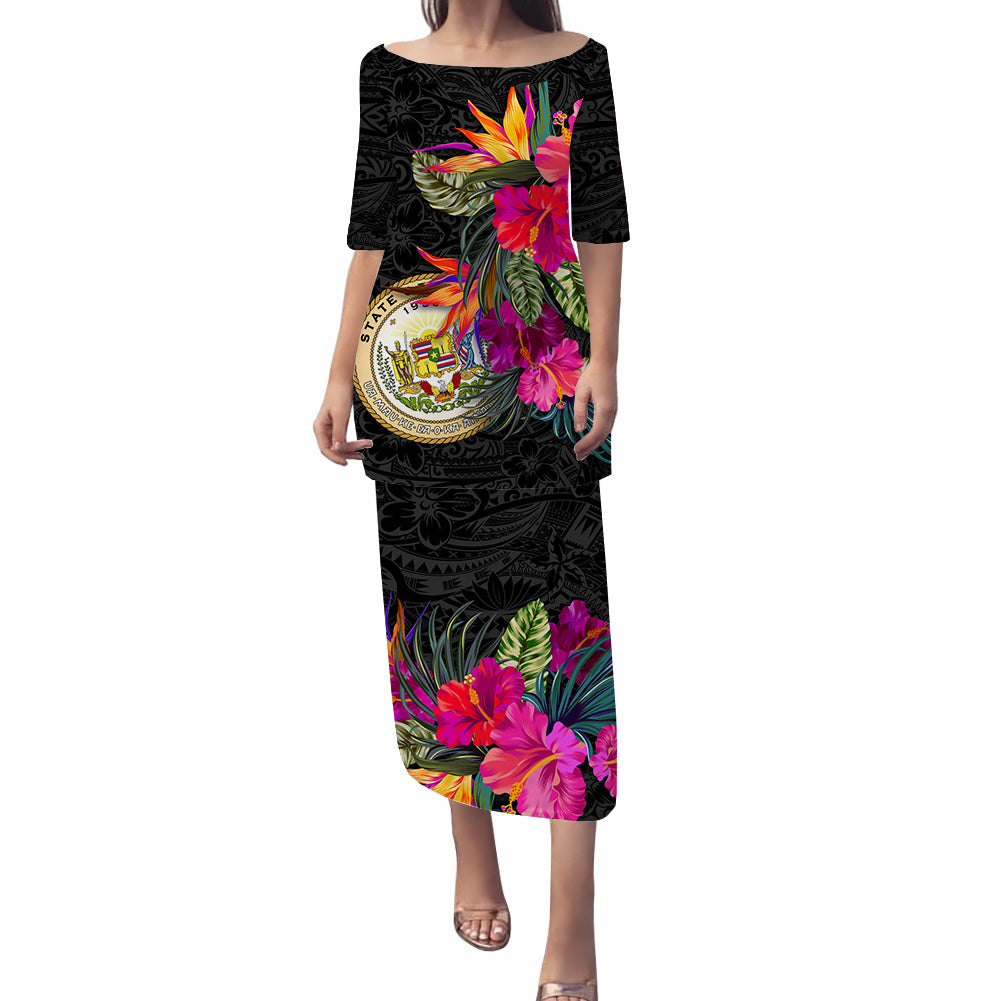 Hawaii Hibiscus Polynesian Tribal Puletasi Dress - LT12 Long Dress Black - Polynesian Pride