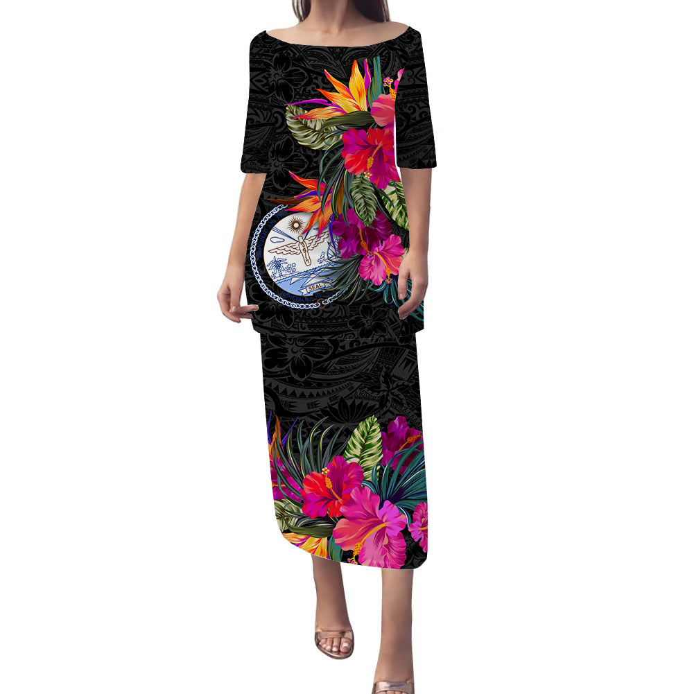 Marshall Islands Hibiscus Polynesian Tribal Puletasi Dress - LT12 Long Dress Black - Polynesian Pride