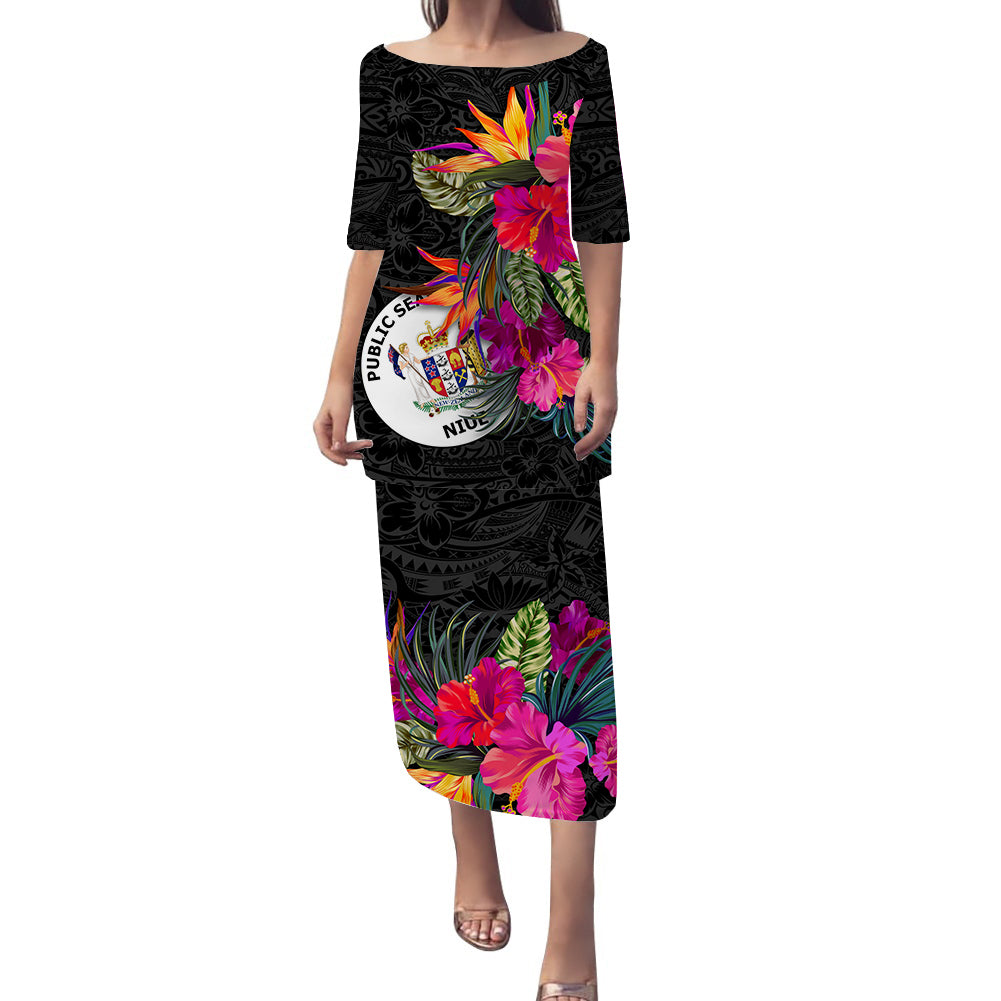 Niue Hibiscus Polynesian Tribal Puletasi Dress - LT12 Long Dress Black - Polynesian Pride