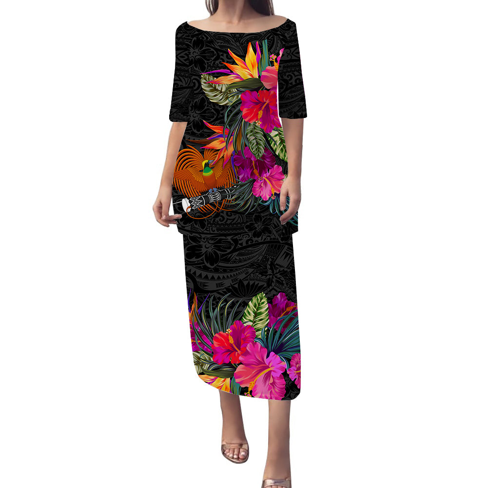 Papua New Guinea Hibiscus Polynesian Tribal Puletasi Dress - LT12 Long Dress Black - Polynesian Pride