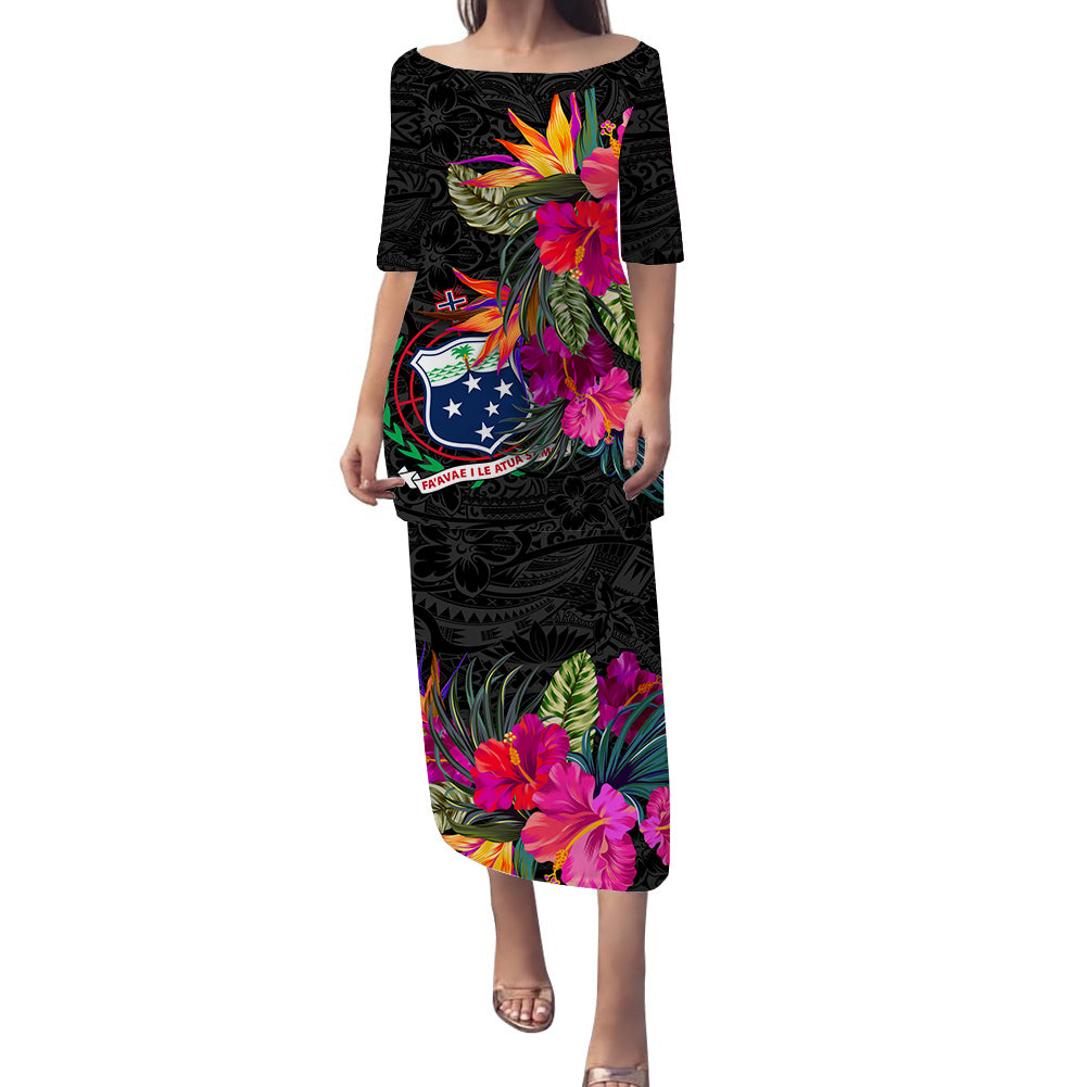 Samoa Hibiscus Polynesian Tribal Puletasi Dress - LT12 Long Dress Black - Polynesian Pride
