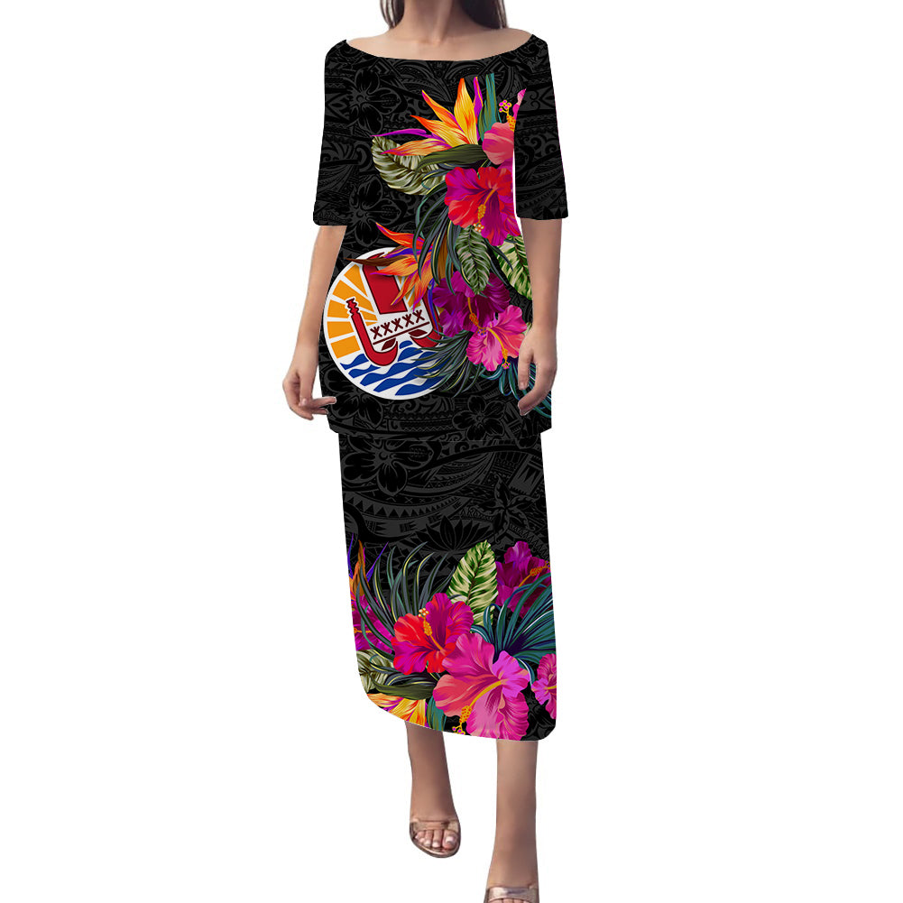 Tahiti Hibiscus Polynesian Tribal Puletasi Dress - LT12 Long Dress Black - Polynesian Pride