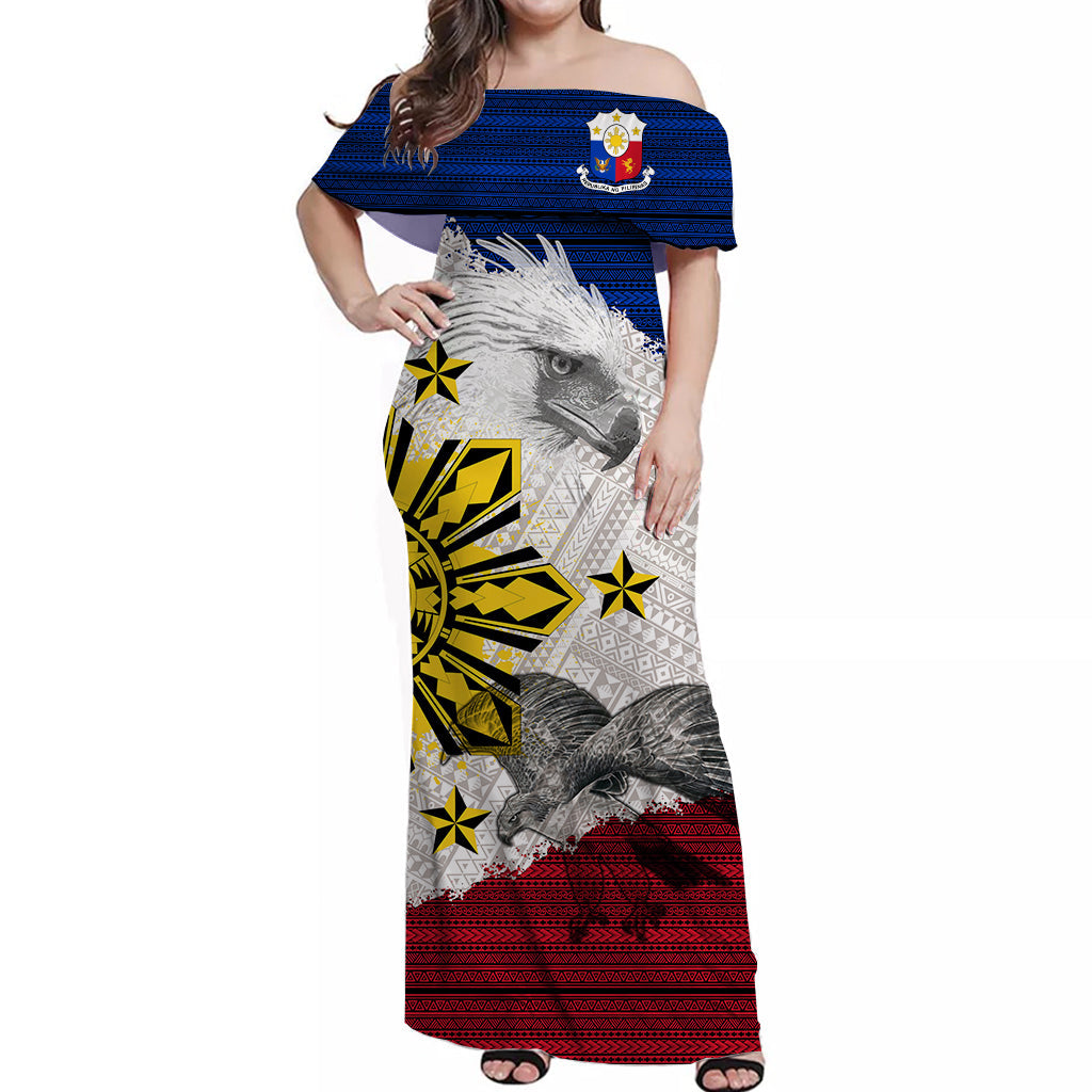 Philippines Filipino Tribal Eagle Off Shoulder Long Dress - LT2 Women WHITE - Polynesian Pride