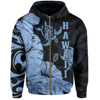 Hawaii Turtle Hoodie (Zipper) Polynesian Hibiscus Art Ver 2.0 Blue - Polynesian Pride