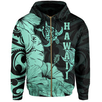 Hawaii Turtle Hoodie (Zipper) Polynesian Hibiscus Art Ver 2.0 Turquoise - Polynesian Pride