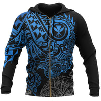 Polynesian Hawaii (Kanaka Maoli) Zip up Hoodie Blue Turtle Hibiscus Flowing Unisex Blue - Polynesian Pride
