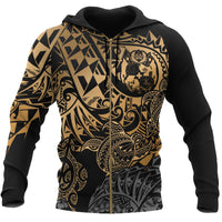 Tonga Polynesian Zip up Hoodie Gold Turtle Flowing Unisex Gold - Polynesian Pride