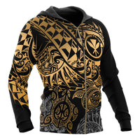 Polynesian Hawaii (Kanaka Maoli) Zip up Hoodie Gold Turtle Hibiscus Flowing - Polynesian Pride