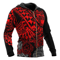 Samoa Polynesian Zip up Hoodie Red Turtle Flowing - Polynesian Pride