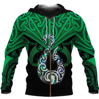 Maori Tattoo Zip Hoodie Hei Matau Abalone Green Unisex Green - Polynesian Pride