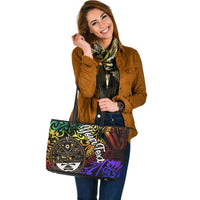 Marshall Islands Custom Personalised Leather Tote Bag - Rainbow Polynesian Pattern Crest - Polynesian Pride