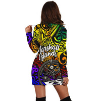 Marshall Islands Custom Personalised Hoodie Dress - Rainbow Polynesian Pattern Crest - Polynesian Pride