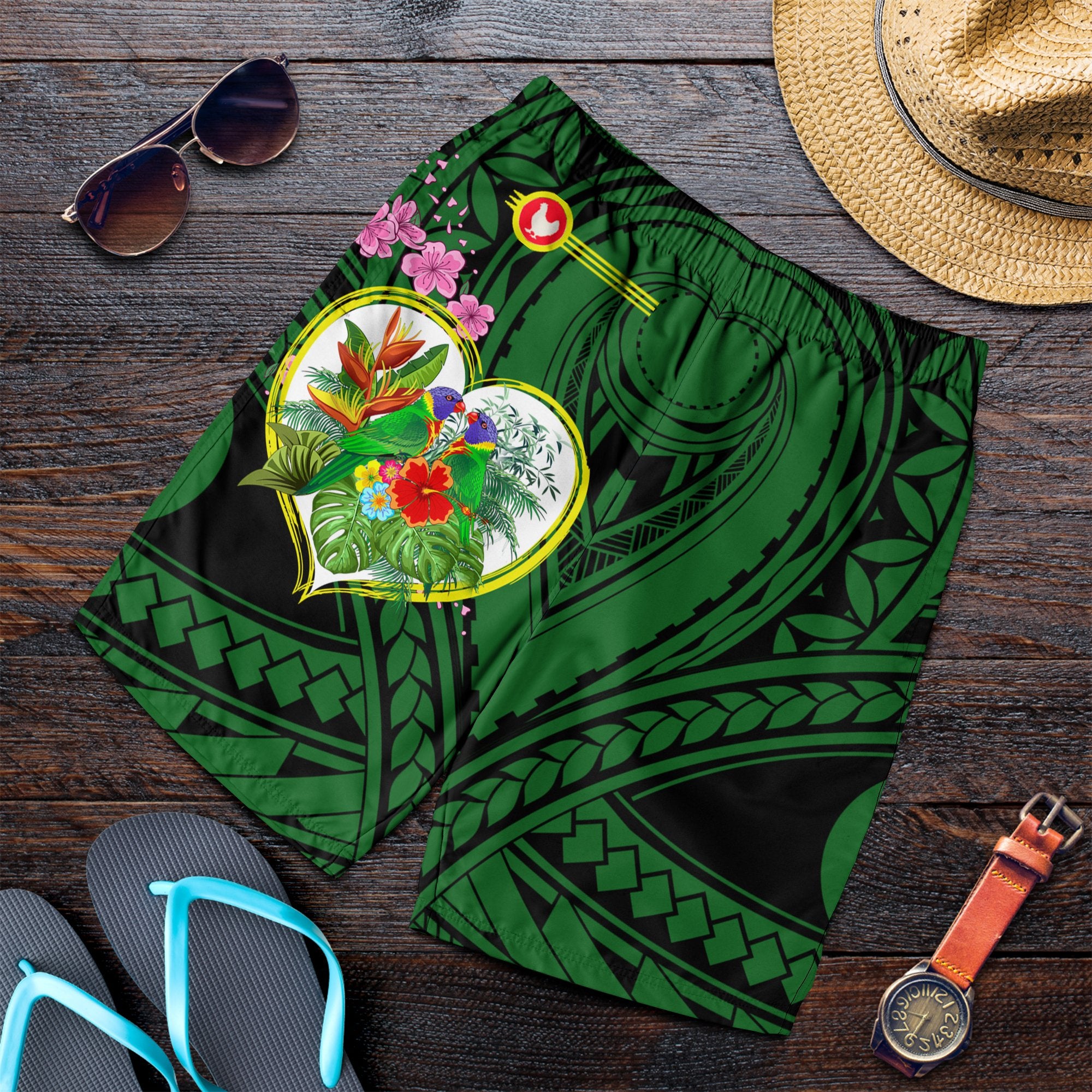 American Samoa All Over Print Men's Shorts - The Love Of Blue Crowned Lory Green - Polynesian Pride