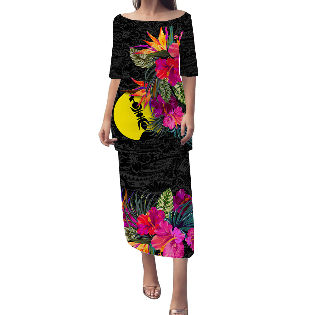 New Caledonia Hibiscus Polynesian Tribal Puletasi Dress - LT12 Long Dress Black - Polynesian Pride