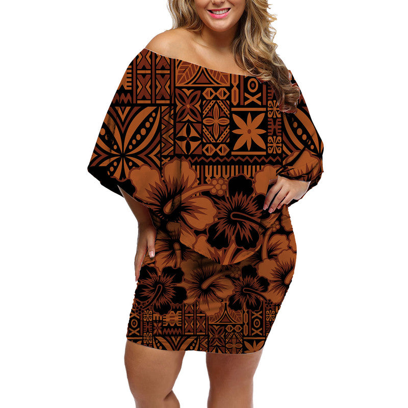 Fiji Hibiscus Festival Off Shoulder Short Dress LT6 Women Brown - Polynesian Pride