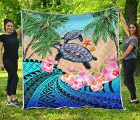 Polynesian Turtle Coconut Tree And Orchids Premium Quilt LT14 Blue - Polynesian Pride