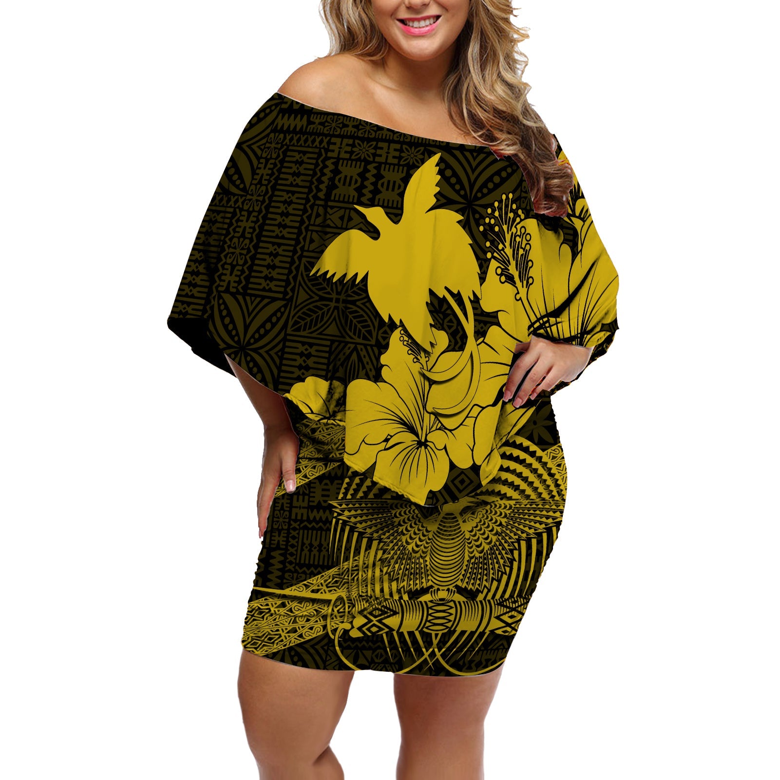 PNG Off Shoulder Short Dress Motuan Pattern - Gold LT7 Women Gold - Polynesian Pride