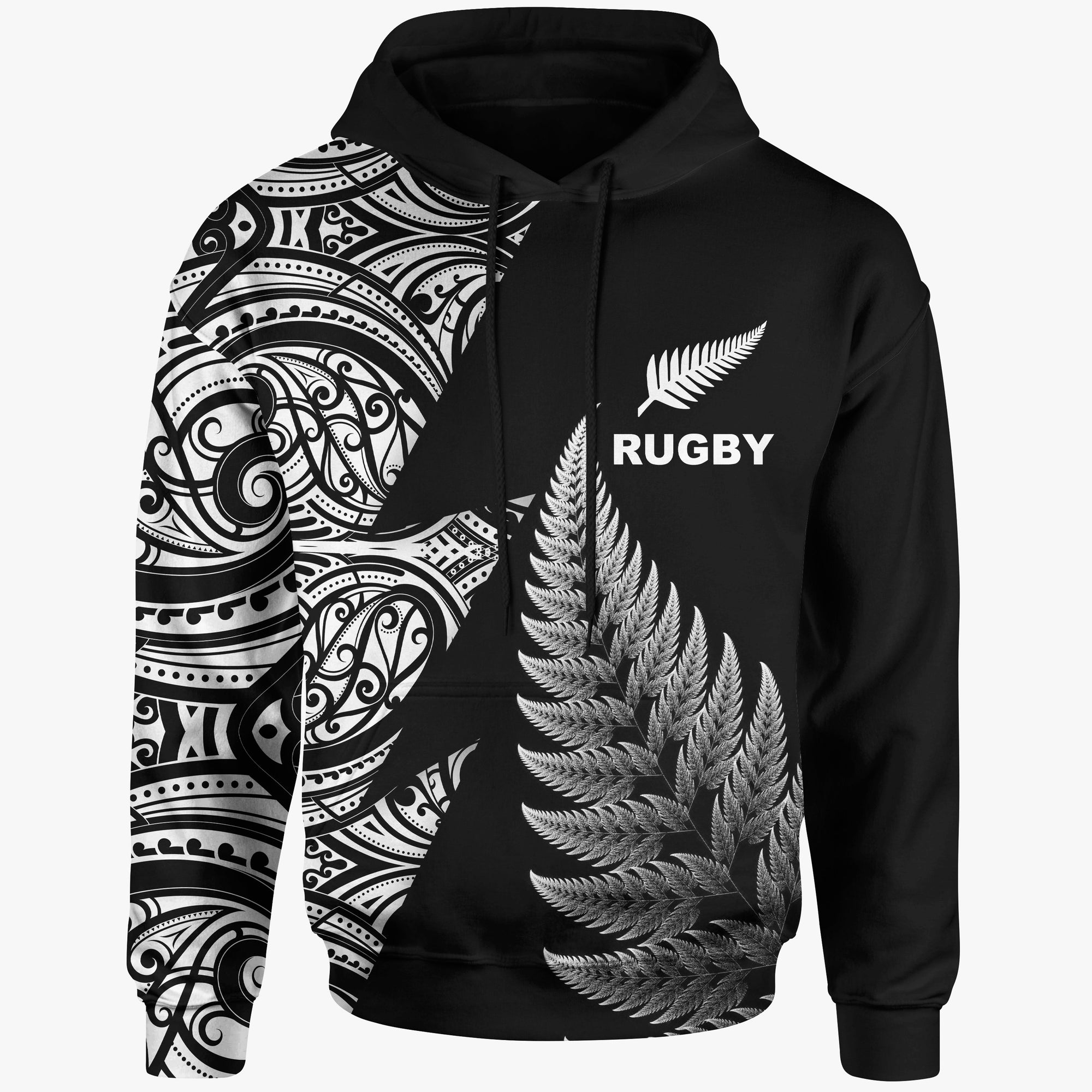 New Zealand Rugby Hoodie Aotearoa Maori Style Unisex Black - Polynesian Pride