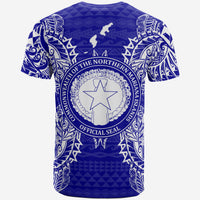 Northern Mariana Islands All T Shirt Northern Mariana Islands Seal Map Polynesian Tattoo Blue - Polynesian Pride