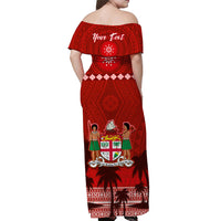 (Custom Personalised) Bula Fiji Off Shoulder Long Dress Fijian Tapa with Palm Tree Red LT13 - Polynesian Pride