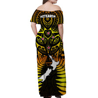 Aotearoa Fern Off Shoulder Long Dress New Zealand Hei Tiki Gold Style LT13 - Polynesian Pride