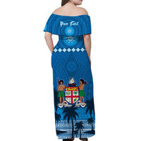(Custom Personalised) Bula Fiji Off Shoulder Long Dress Fijian Tapa with Palm Tree LT13 - Polynesian Pride