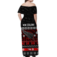 New Zealand Silver Fern Christmas Off Shoulder Long Dress Maori Meri Kirihimete LT13 - Polynesian Pride