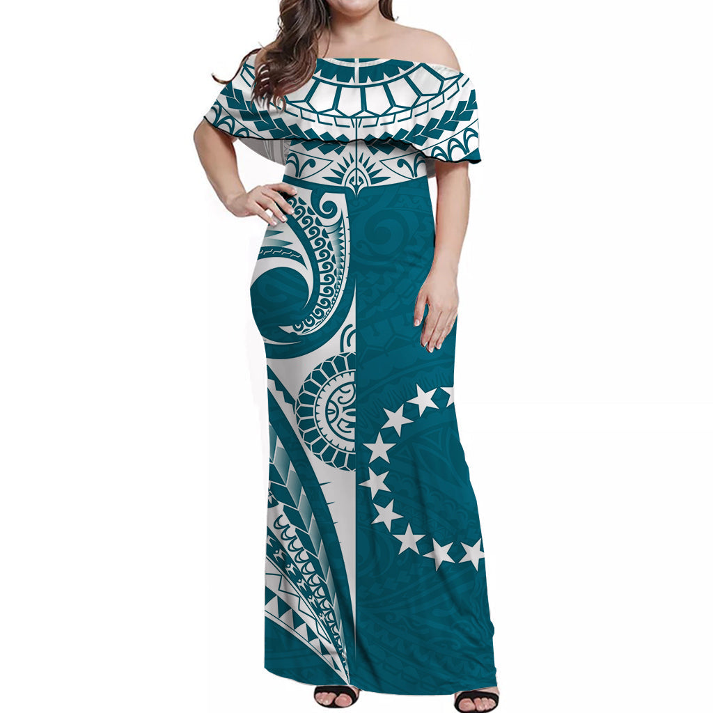 Cook Islands Tatau Off Shoulder Long Dress Symbolize Passion Stars Version Blue LT13 Women Blue - Polynesian Pride