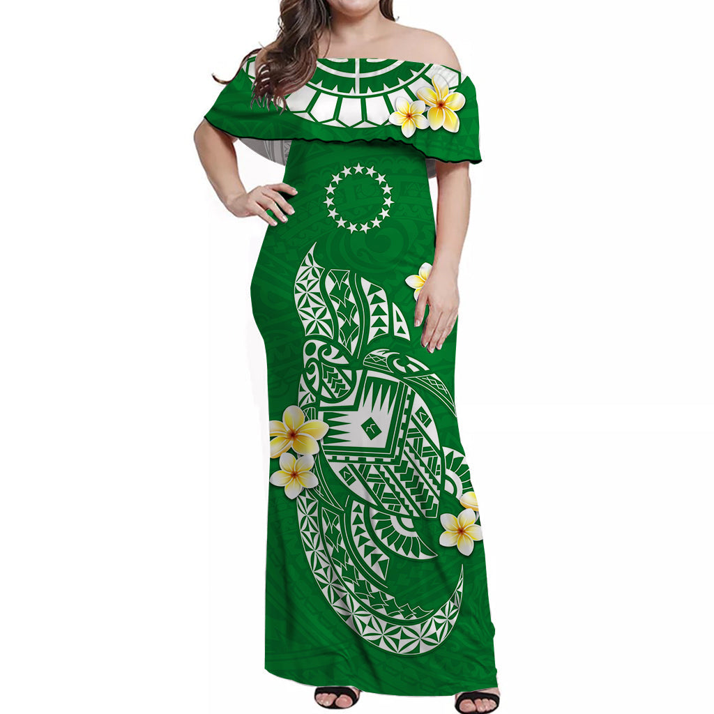 Cook Islands Tatau Off Shoulder Long Dress Symbolize Passion Stars Polynesian Turtle Green LT13 Women Green - Polynesian Pride