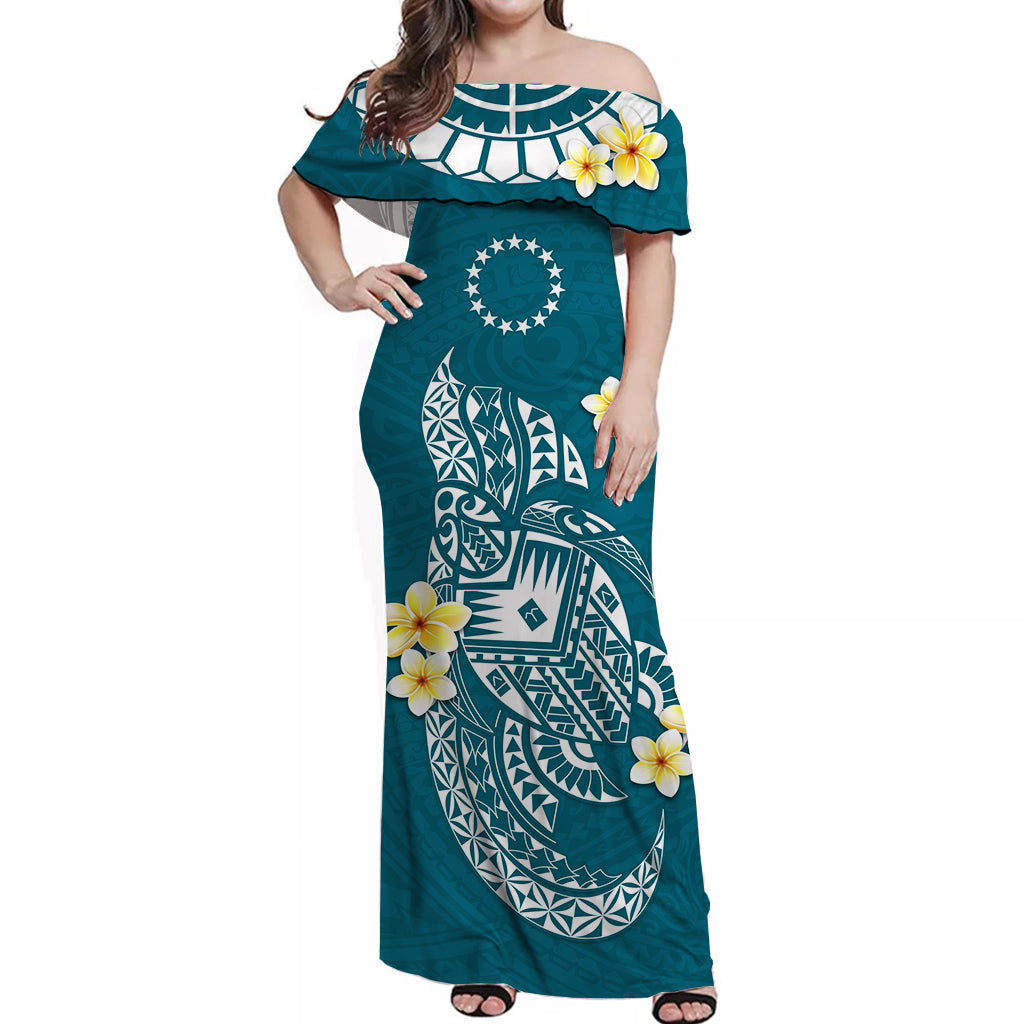 Cook Islands Tatau Off Shoulder Long Dress Symbolize Passion Stars Polynesian Turtle Blue LT13 Women Blue - Polynesian Pride