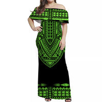 (Custom Personalised) Polynesian Off Shoulder Long Dress Dashiki With Polynesian Tattoo Royal Green Version LT14 Women Green - Polynesian Pride