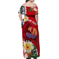 (Custom Personalised) Tahiti Islands Off Shoulder Long Dress Polynesian Shark Mix Tropical Flowers Red Style LT14 - Polynesian Pride
