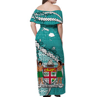 Fiji Off Shoulder Long Dress Fijian Drua Mix Tagimaucia Flower Turquoise Style LT14 - Polynesian Pride