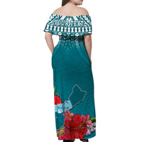 (Custom Personalised) Guam Chamorro Off Shoulder Long Dress Guaman Latte Stone Tropical Flowers Turquoise Version LT14 - Polynesian Pride